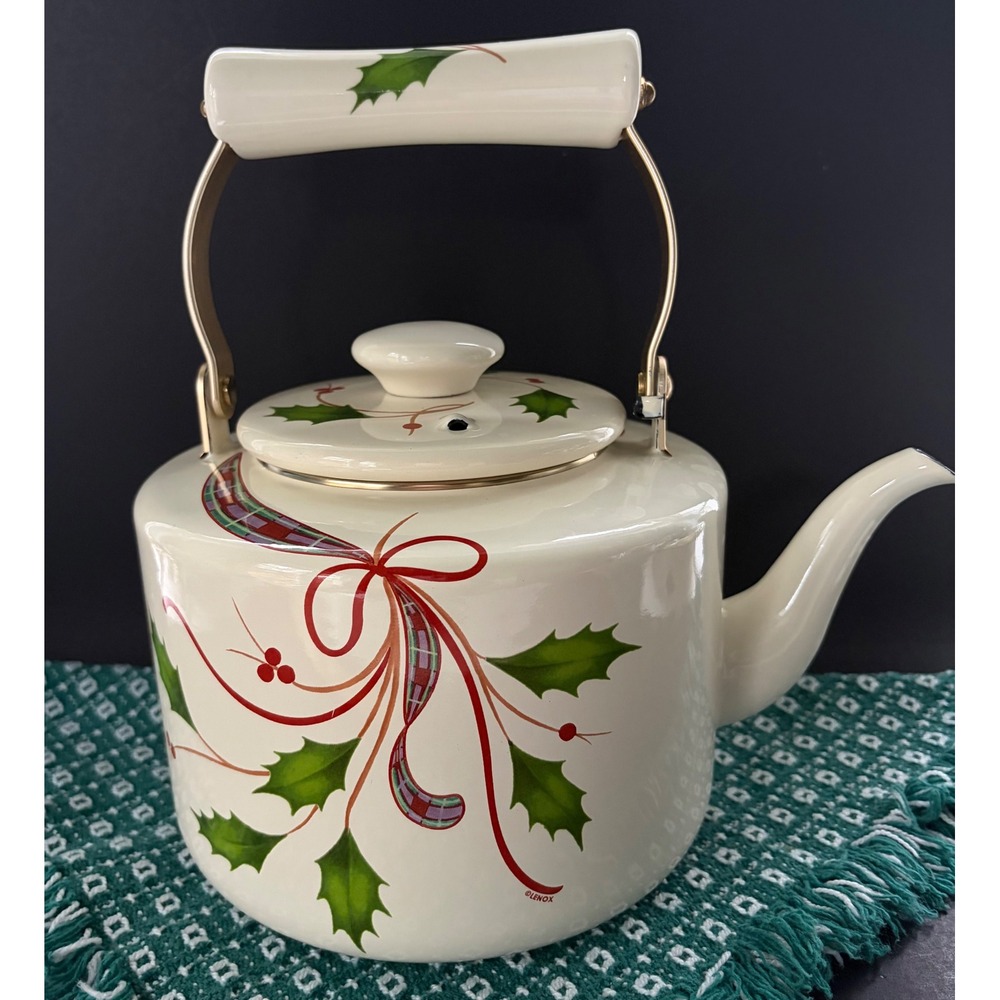 Vintage Lenox Holiday Enamel Tea Kettle Christmas Holly Berry Plaid Ribbon